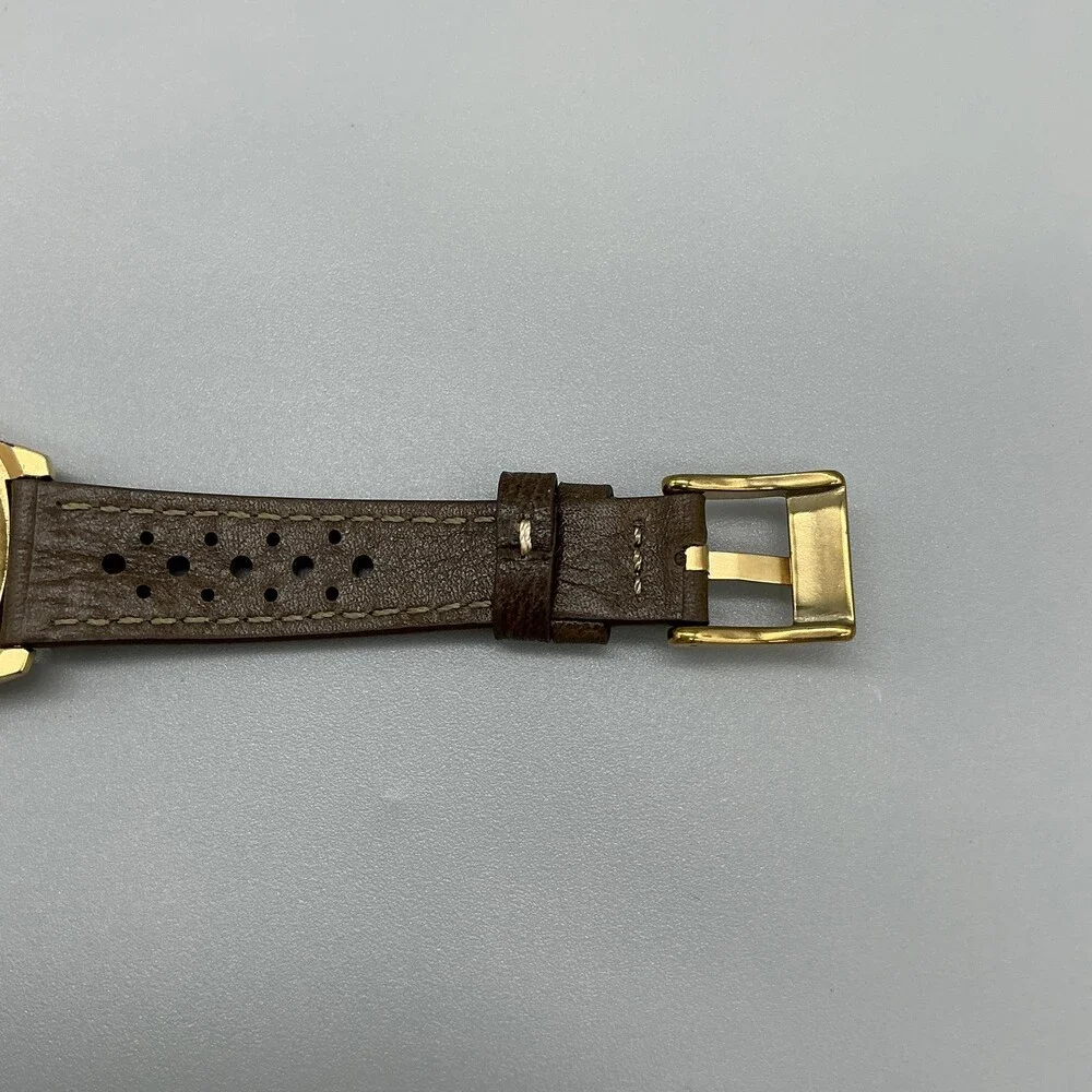 Vintage Seiko 7N43-8B09 Mens Watch 38mm Green Dial Day Date Brown Leather Quartz